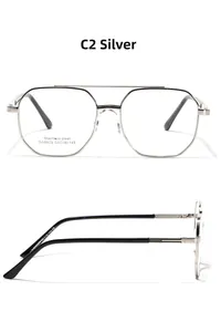 Detail view of silver polygonal stainless steel frame with double bridge design