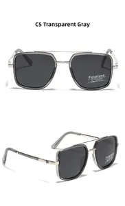 Detail of square polarized sunglasses featuring transparent grey frame and metal temples