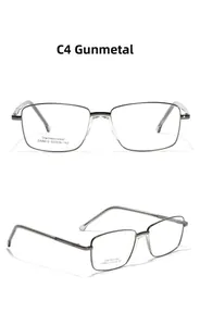 Detail view of gunmetal rectangular glasses frame showing stainless steel model SA8612