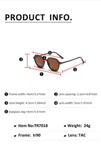 Size guide for polarized square sunglasses showing TR90 frame dimensions and TAC lens data