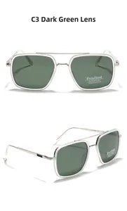 Détail de lunettes de soleil carrées en métal argenté avec verres polarisés UV400
