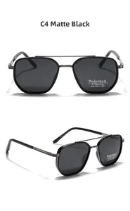 Detailed views of matte black TR90 polarized sunglasses with dual-bridge square frame design