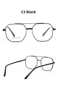Close-up of black polygon double bridge eyeglasses in stainless steel frame