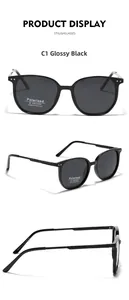 Three-view display of black square polarized sunglasses with TR90 frames and UV400 protection