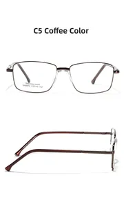 Detail view of coffee brown stainless steel square glasses frames showing model SA8612