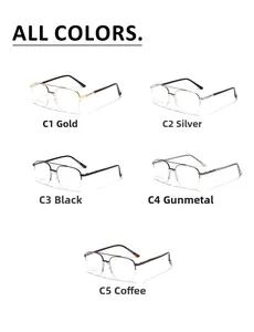 Macro view of five assorted stainless steel semi-rimless double bridge glasses frames