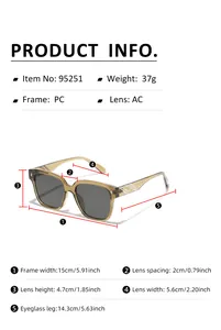 Size chart for square rivet sunglasses showing precise 15cm frame width and PC material