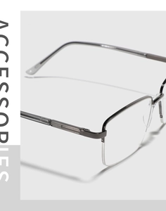 Detail of metal hinge with geometric texture on rectangle semi-rimless business glasses
