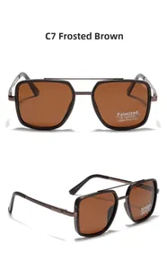 Detail view of TR90 polarized square sunglasses in matte brown with retro double bridge