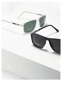 Detail showing square Y2K polarized sunglasses with UV400 protection on a display stand