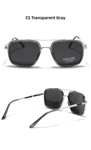 Vue détaillée des lunettes de soleil carrées gris transparent avec branches en TR90
