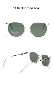 Detail view of square polarized sunglasses with matte frame and dark green lenses