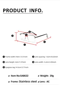 Detailed size chart for rectangle semi-rimless stainless steel eyeglasses with measurements