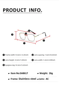 Detailed sizing chart and specifications for square metal frame glasses with measurements
