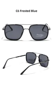 Vues détaillées de lunettes de soleil carrées bleu mat avec double pont et verres polarisés