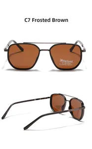 Detail view of TR90 polarized sunglasses in matte tea brown with functional lens labels