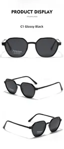 Detailed views of black square polarized sunglasses with UV400 protection and TR90 frame