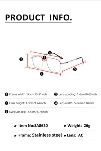 Detailed size chart of silver double bridge square metal glasses frame with measurements