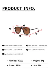 Detailed size chart for TR90 polarized round sunglasses with precise frame measurements