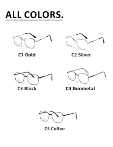 Five assorted colors of minimalist square metal frame glasses with stainless steel arms