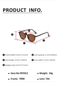 Detailed sizing chart and specifications for TR90 polarized retro round sunglasses