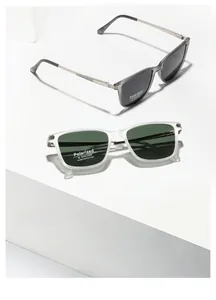 Macro detail of rectangular polarized sunglasses with anti-slip textured metal temples