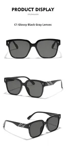 Detail view of square rivet sunglasses legs with white geometric lines and model text