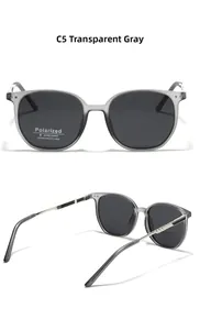 Detail view of transparent grey square polarized sunglasses with UV400 protection