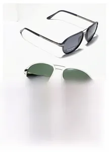 Detailed view of TR90 polarized sunglasses with UV400 labels on geometric stands