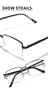 Detail of stainless steel rectangular semi-rimless frame with adjustable nose pads