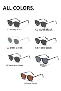 Matrix of vintage TR90 polarized round sunglasses in seven colors with woven metal temples