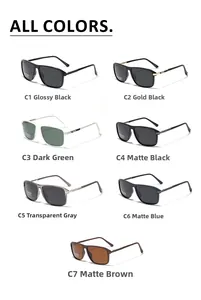 Detailed grid of Y2K square polarized sunglasses in seven assorted colors and finishes