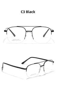 Detailed macro view of black stainless steel half-rim frame with model number SA8630