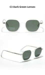 Detailed views of polarized sunglasses with green lenses and transparent TR90 frames