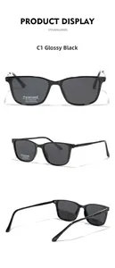 Detailed views of square TR90 polarized sunglasses in glossy black with UV400 protection