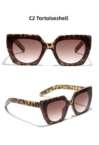Dettaglio occhiali da sole cat-eye oversize con motivo tartarugato e lenti sfumate marroni
