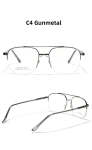 Detailed close-up of gunmetal semi-rimless square glasses with double bridge and textured arms