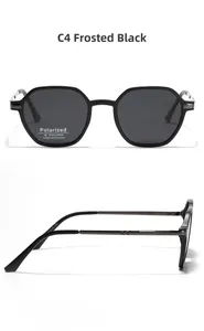Macro shot of matte black polarized sunglasses frame showing UV400 logo and metal temple