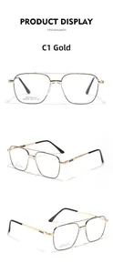 Detailed views of gold square metal frame glasses with double bridge and stainless steel specs
