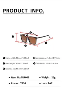 Detailed size guide for TR90 polarized sunglasses showing frame dimensions and weight