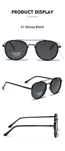 Three angles of black round polarized sunglasses with metal bridge and UV400 protection