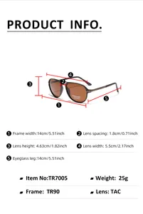 Detailed sizing chart for TR90 polarized sunglasses showing frame and lens dimensions
