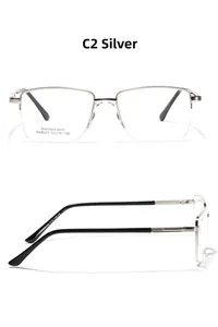 Macro detail of silver rectangular semi-rimless metal glasses frame with model SA8622