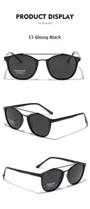 Trois vues de lunettes de soleil polarisées en TR90 noir avec double pont métallique et UV400
