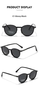 Macro view of round polarized TR90 sunglasses with UV400 label and textured hinge