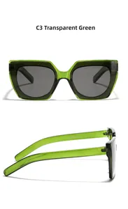 Dettaglio degli occhiali da sole cat-eye verde trasparente con lenti grigie e marchio CE