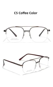 Detail view of coffee brown stainless steel half-rim glasses frames with double bridge design