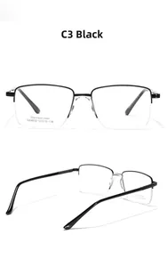 Detailed front and side view of black rectangular semi-rimless stainless steel eyeglass frames