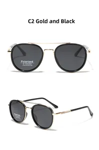 Detailed views of gold and black polarized aviator sunglasses with UV400 protection