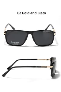 Detail of square Y2K polarized sunglasses with TR90 metal frame and UV400 lenses